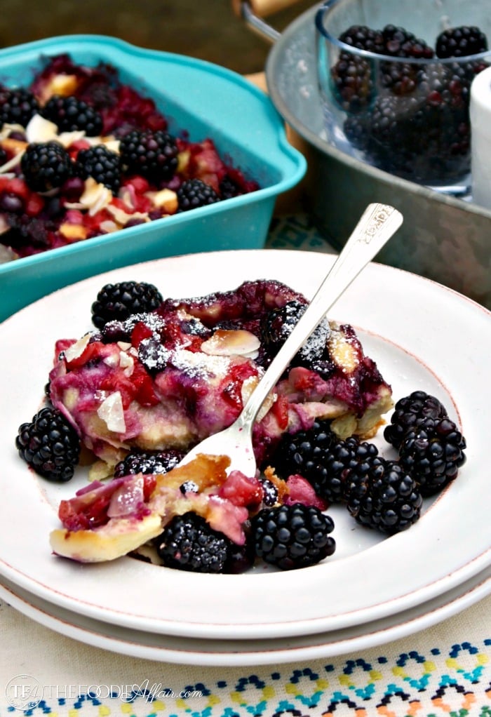 Fruit Breakfast Casserole on a white plate ready to eat